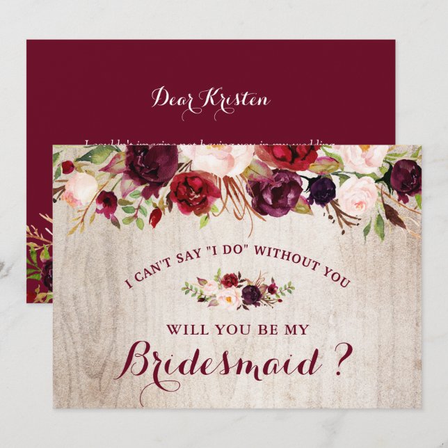 Invitación Floral ruidosa de Borgoña Serás Mi Novia (Anverso / Reverso)