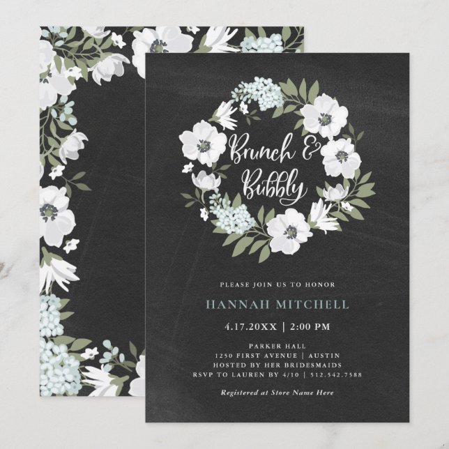 Invitación Floral rusa en blanco y negro| Brunch y bullicio (Anverso / Reverso)