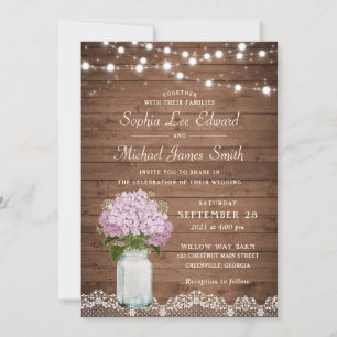 Invitación Floral Rusa Lilac Hydrangea Mason Jar Lace Light