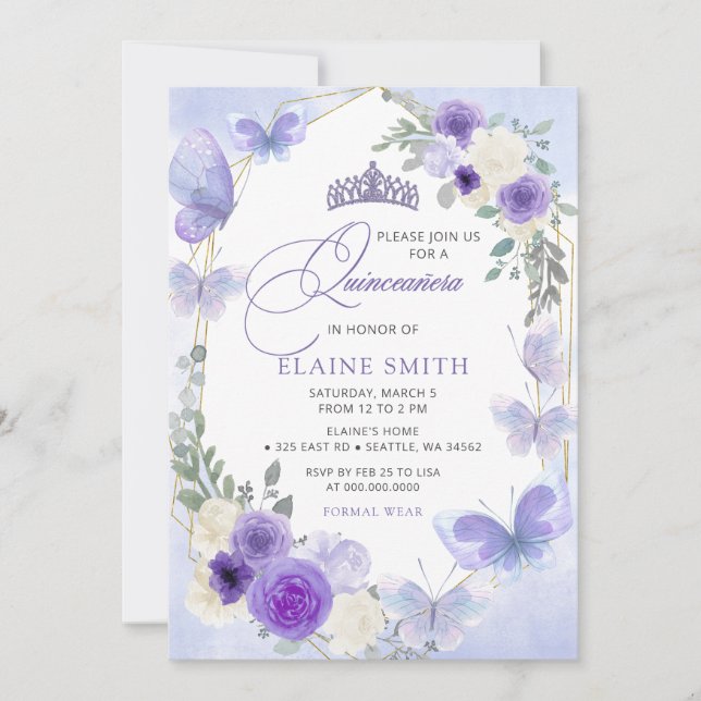 Invitación Floral Rusa Purple Lilac Butterflies Quinceanera (Anverso)