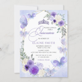 Invitación Floral Rusa Purple Lilac Butterflies Quinceanera