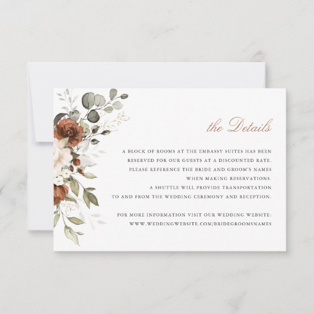 Invitación Floral Rust Cream Green Fall Details Insert (Anverso)