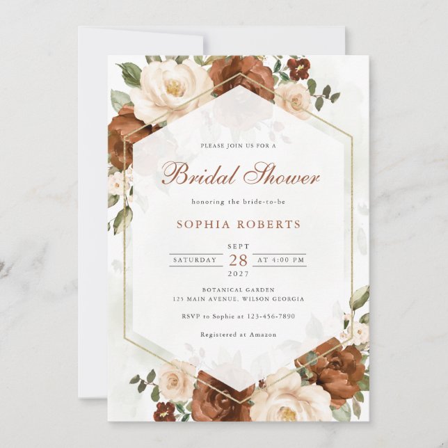 Invitación Floral Rust Greenery Gold Geometric Bridal Shower (Anverso)