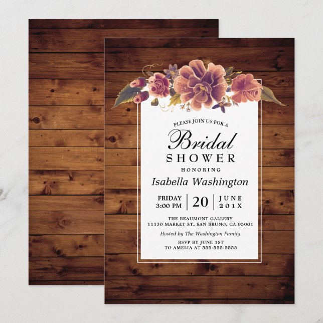 Invitación Floral Rustic Barn Wood Bridal Shower (Anverso / Reverso)