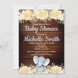 Invitación Floral Rustic Blue Boy Wood Elephant Baby Shower