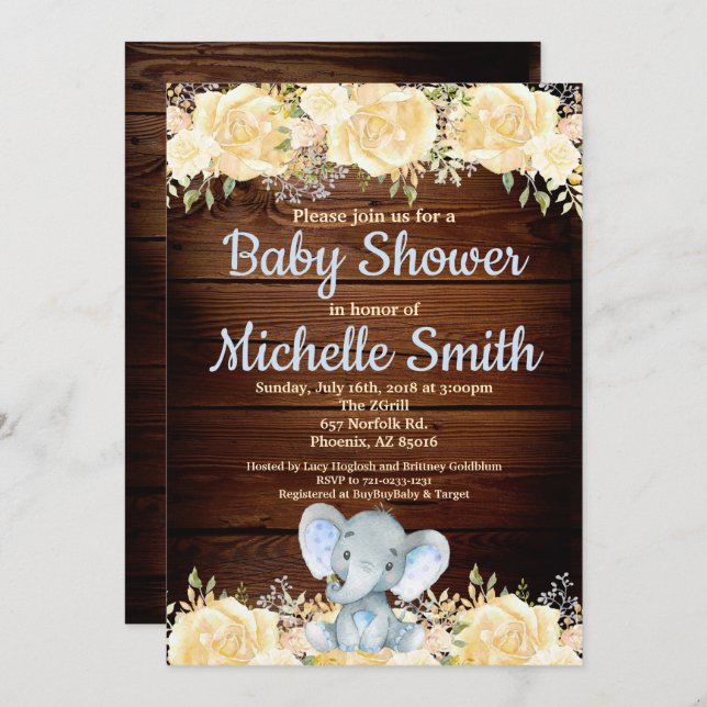 Invitación Floral Rustic Blue Boy Wood Elephant Baby Shower (Anverso / Reverso)