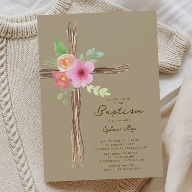 Invitación Floral Rustic Cross Baptism Invitation (Subido por el creador)