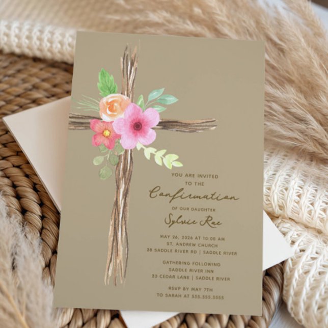 Invitación Floral Rustic Cross Confirmation Invitation (Subido por el creador)