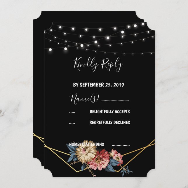 Invitación Floral Rustic Magnolia String Luces RSVP (Anverso / Reverso)