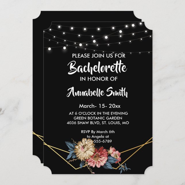 Invitación Floral Rustic Magnolia String Luces soltera (Anverso / Reverso)