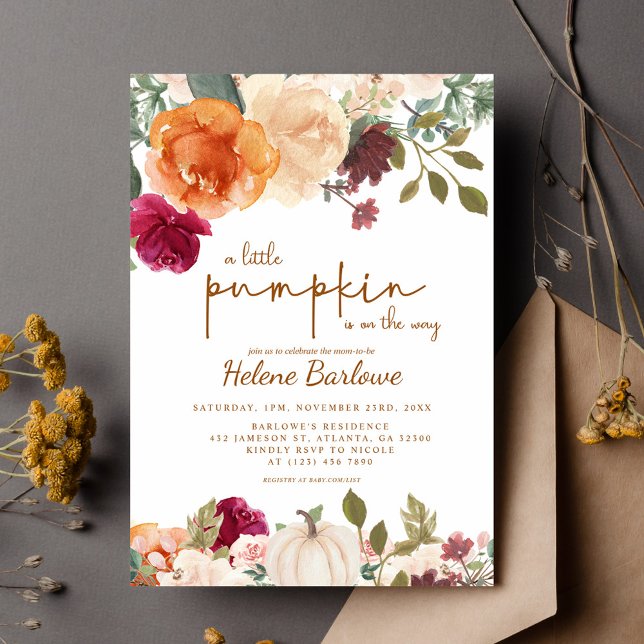 Invitación Floral Rustic Pumpkin Boho Baby Shower (Floral Rustic Little Pumpkin Boho Baby Shower Invitation)
