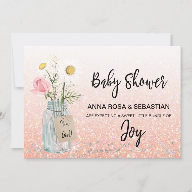 Invitación *~* Floral Rustic Purpurina Mason Jar Baby Shower (Anverso)