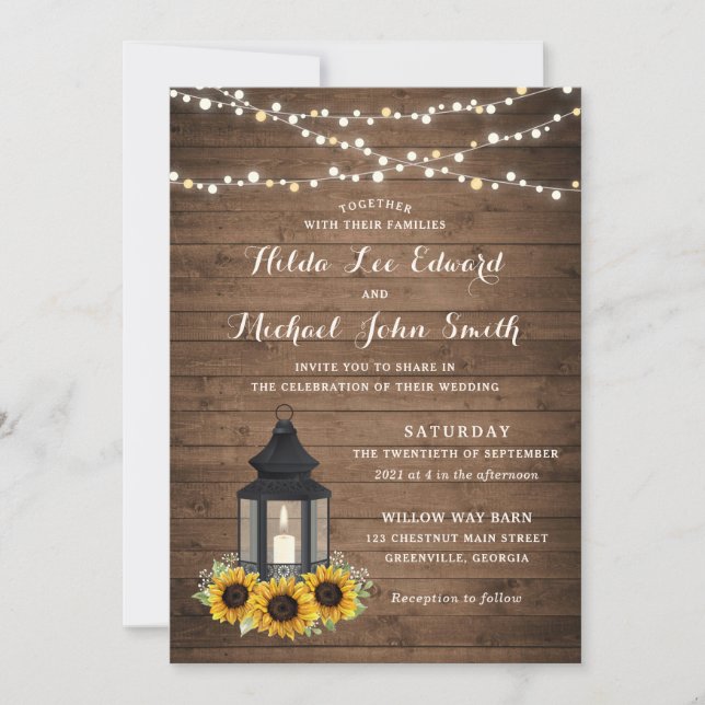 Invitación Floral Rustic Sunflower Wood Lantern (Anverso)
