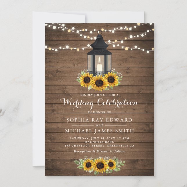 Invitación Floral Rustic Sunflower Wood Lantern (Anverso)