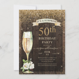 Invitación Floral Rustic Wood Gold Sorpresa 50 cumpleaños