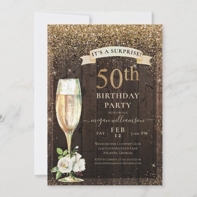 Invitación Floral Rustic Wood Gold Sorpresa 50 cumpleaños (Anverso)