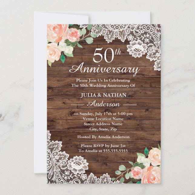 Invitación Floral Rustic Wood Lace 50° Aniversario Boda (Anverso)