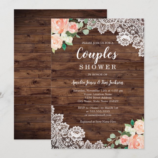 Invitación Floral Rustic Wood Lace Parejas Boda Ducha (Anverso / Reverso)