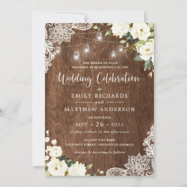 Invitación Floral Rustic Wood Lace String Luces Mason Jar