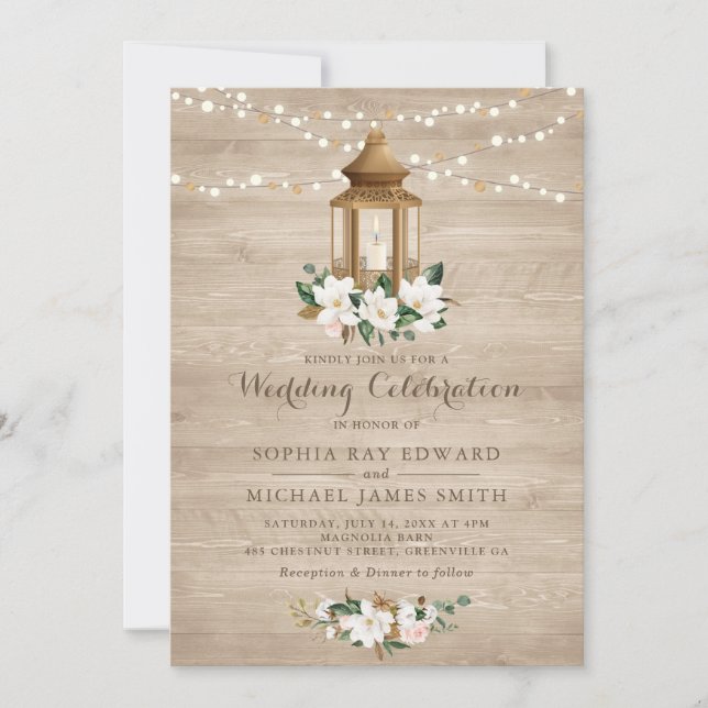 Invitación Floral Rustic Wood Lantern Magnolia String Luces (Anverso)