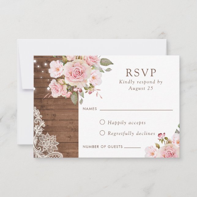 Invitación Floral Rustic Wood Rubor Rosas String Lights RSVP (Anverso)