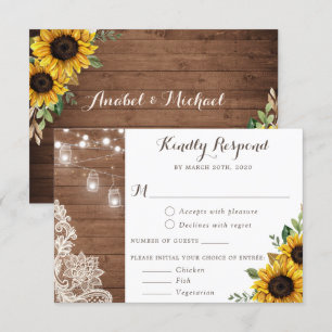 Invitación Floral Rustic Wood Sunflower String Lights RSVP