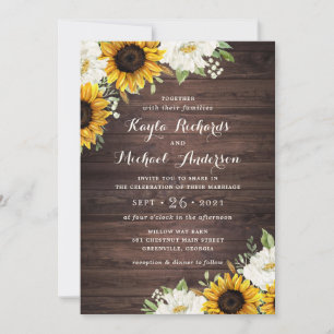 Invitación Floral Rustic Wood Sunflowers Green Barn