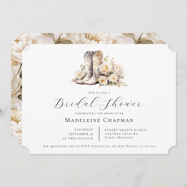 Invitación Floral rústica acuarela Boots Bridal Ducha (Anverso / Reverso)