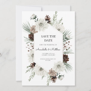Invitación Floral rústica blanca de invierno salva la fecha