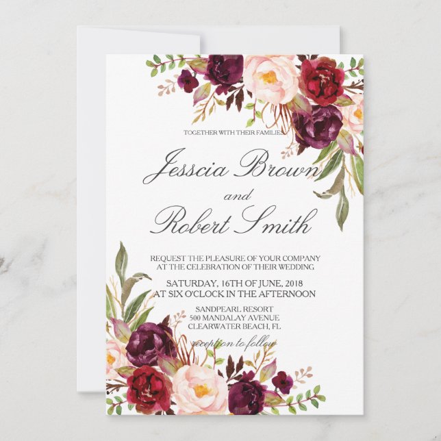 Invitación Floral rústica, Boda rústico (Anverso)