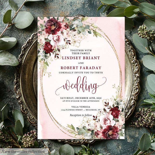 Invitación Floral Rústica Boho Borgoña Rubor Oro (Rustic Boho Burgundy Blush Gold Floral Invitation)