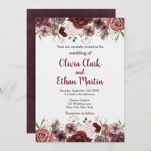 Invitación Floral rústica de color burdeos (Anverso / Reverso)