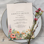 Invitación Floral Rustica de Crema Neutral | Boho Birthday Br<br><div class="desc">Bonito y simplistas invitaciones de brunch de cumpleaños con ilustraciones florales acuarelas. Texto negro sobre un fondo blanco crujiente. El reverso es un verde salvia pálido.</div>