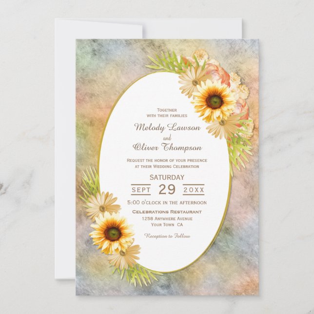 Invitación Floral rústica de girasol con Boda de marco dorado (Anverso)