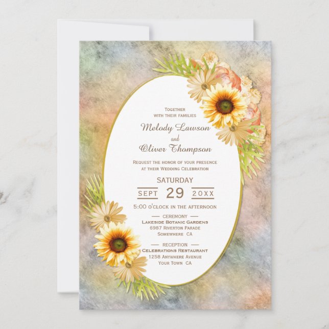 Invitación Floral rústica de girasol con Boda de marco ovalad (Anverso)
