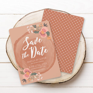 Invitación Floral rústica de madera marrón salva la fecha
