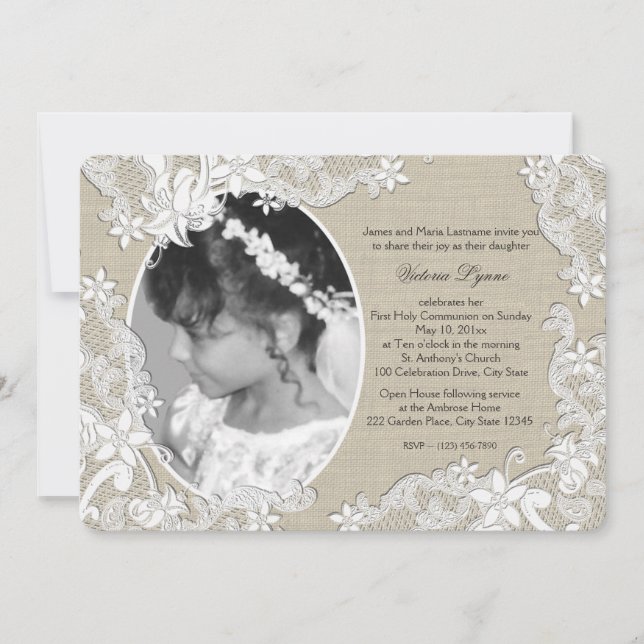 Invitación Floral rústica de primera comunión con foto (Anverso)