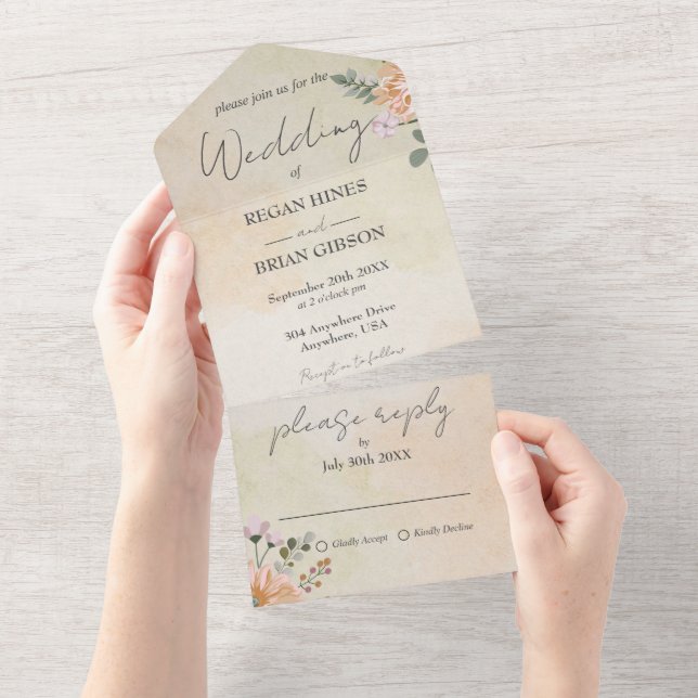 Invitación floral rústica de todos en un Boda (desgarro)