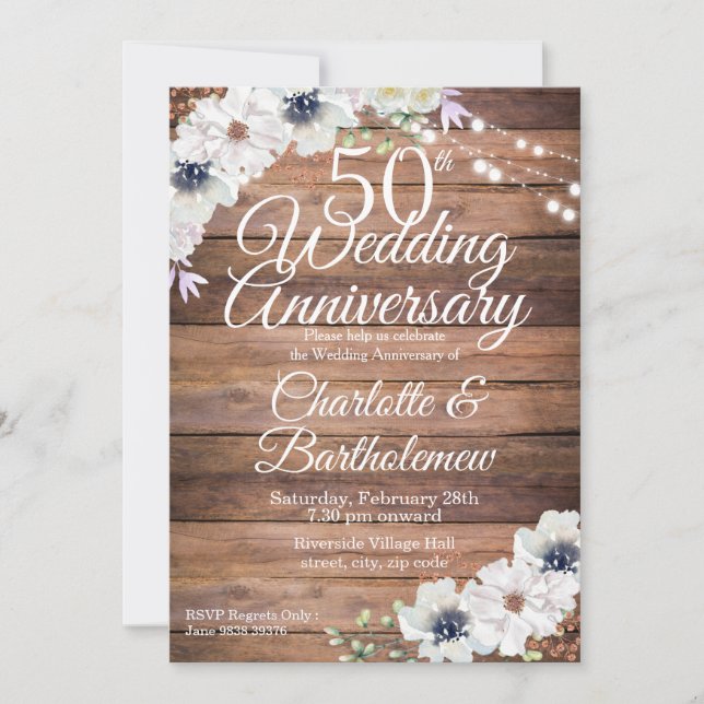 Invitación Floral rústica del 50 aniversario Boda (Anverso)