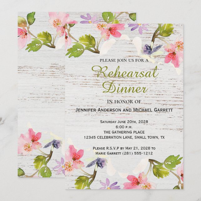 Invitación Floral rústica en la cena de ensayo de madera blan (Anverso / Reverso)