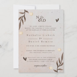 Invitación Floral rústica, guión elegante, hojas de acuarela