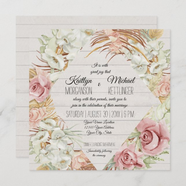 Invitación Floral Rustica Madera Pampas Palm Foliage Boda (Anverso / Reverso)