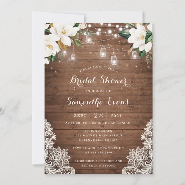 Invitación Floral Rústica Madera Tiras Lace Mason Jars (Anverso)