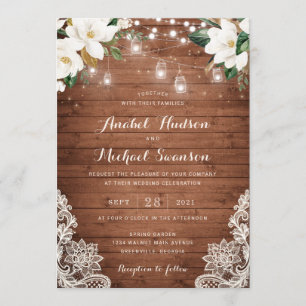 Invitación Floral Rústica Madera Tiras Lace Mason Jars