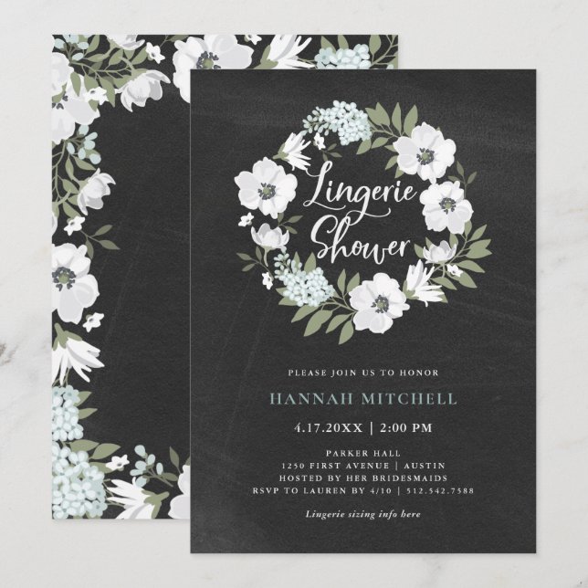Invitación Floral Rustica Negra y Blanca | Lingerie Shower (Anverso / Reverso)