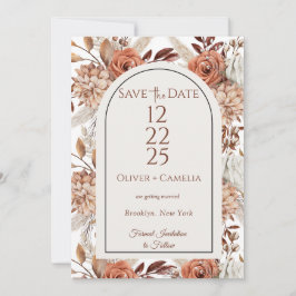 Invitación Floral Rustica Neutral Boho Salva Las Fechas