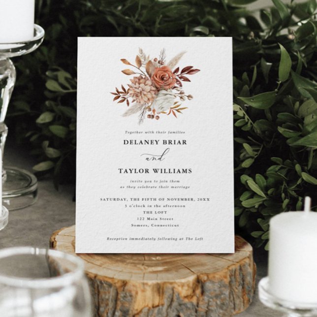 Invitación Floral rústica otoñal, Boda (Autumn Beauty: Watercolor Blooms and Fall Leaves )
