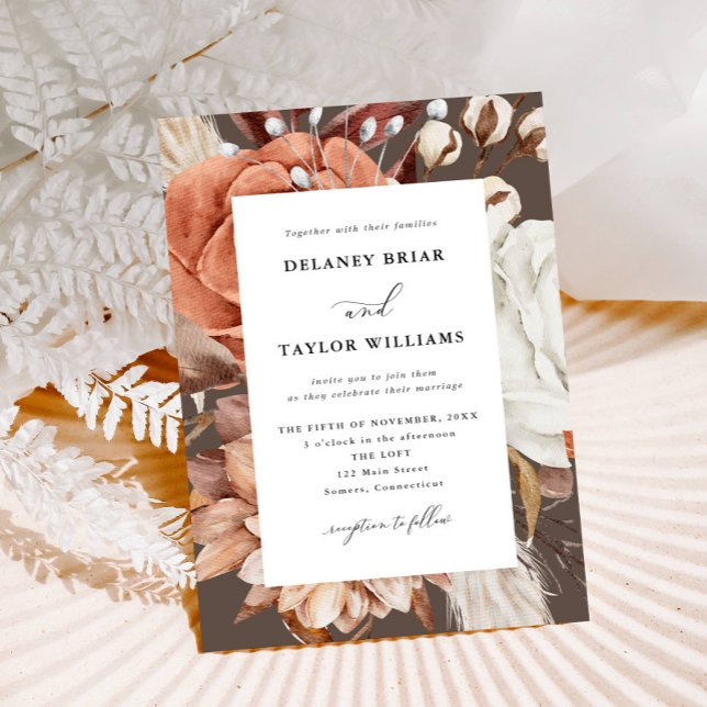 Invitación Floral rústica otoñal, Boda marrón suave (Autumn Beauty: Watercolor Blooms and Fall Leaves )