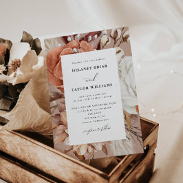 Invitación Floral rústica otoñal, Boda Rosa suave