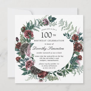 Invitación Floral rústica Rosa de Borgoña 100 cumpleaños